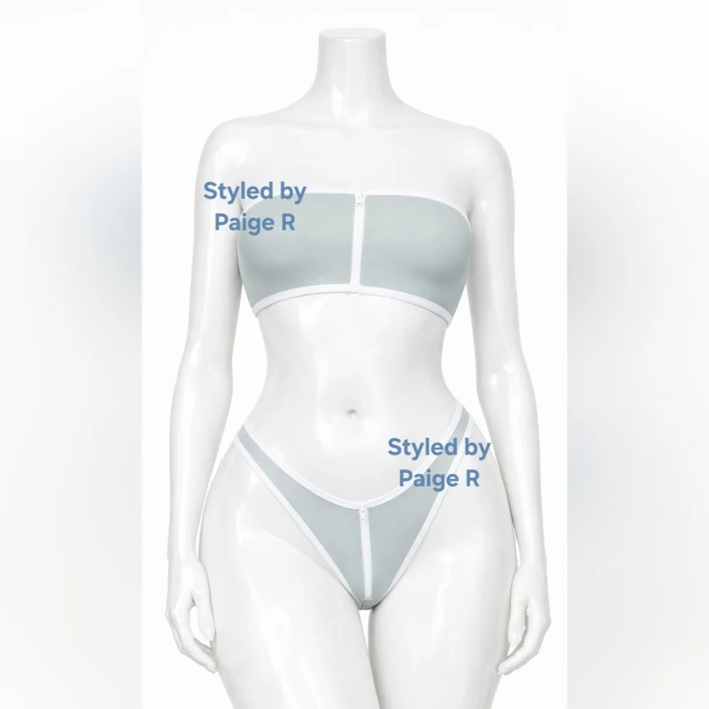 💕NWT SKIMS 2 Piece Sporty Zipper swim Bandeau top & Bikini Set Blue PACIFIC 3X